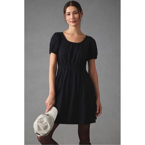 NEW Daily Practice Anthropologie Black Cap-Sleeve Cinched Waist Mini Dress Small NEW Daily Practice Anthropologie Black Cap-Sleeve Cinched Waist Mini Dress Small